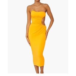 WeWoreWhat tangerine snake chain cut out dress